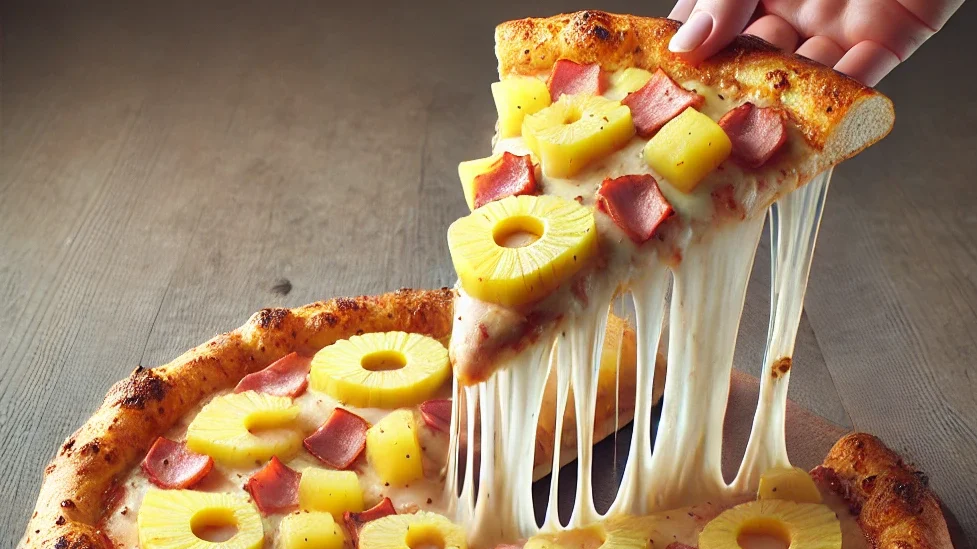 DALL·E 2024-07-05 00.41.51 - A realistic image of a pineapple pizza with a slice being lifted from the whole pizza. The pizza has a golden-brown crust, melted cheese, and is toppe