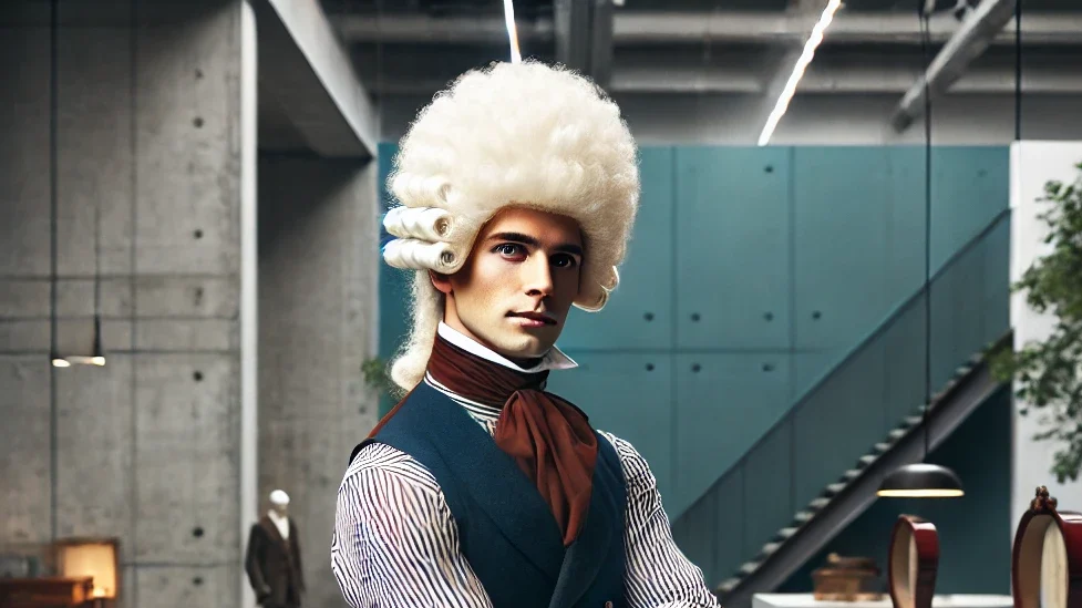 DALL·E 2024-07-05 01.47.18 - A modern person wearing an 18th century powdered wig in a contemporary setting. The individual is stylishly dressed and confidently sporting the wig,